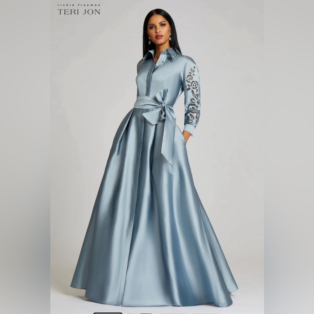 Teri Jon Taffeta Shirtdress Gown w/ Eyelet Sleeve & Collar:Slate size 22 wedding